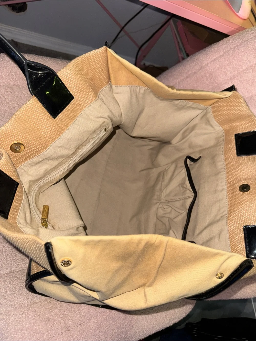 Tory Burch Tan Tote with Black Patent Logo and Trim